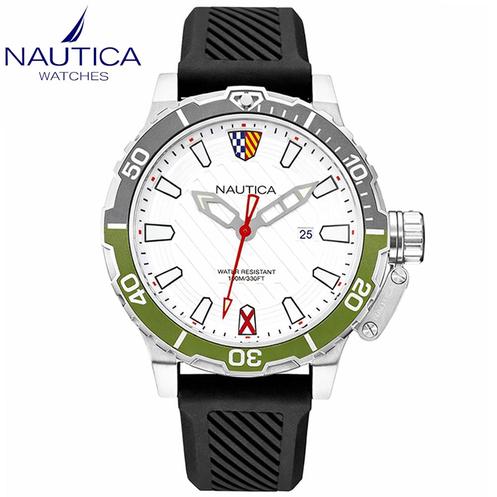 Reloj Nautica Glenrock Lagoon NAPGLS112 Fecha Acero Inoxidable Correa Silicona Negro Dial Blanco